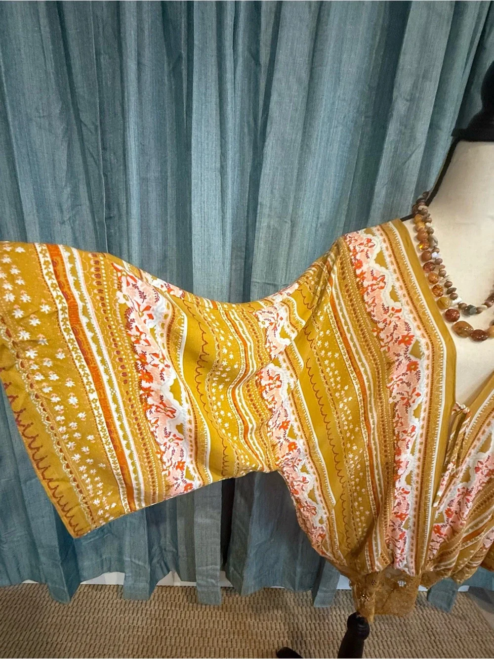 Free People Mustard Floral V-Neck Lace-Hem Tunic